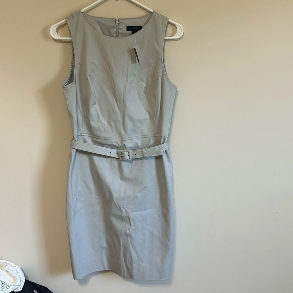 NWT J. Crew $128 Belted Sheath Dress Two-Way Strech Cotton Sz 4P Cloud Grey